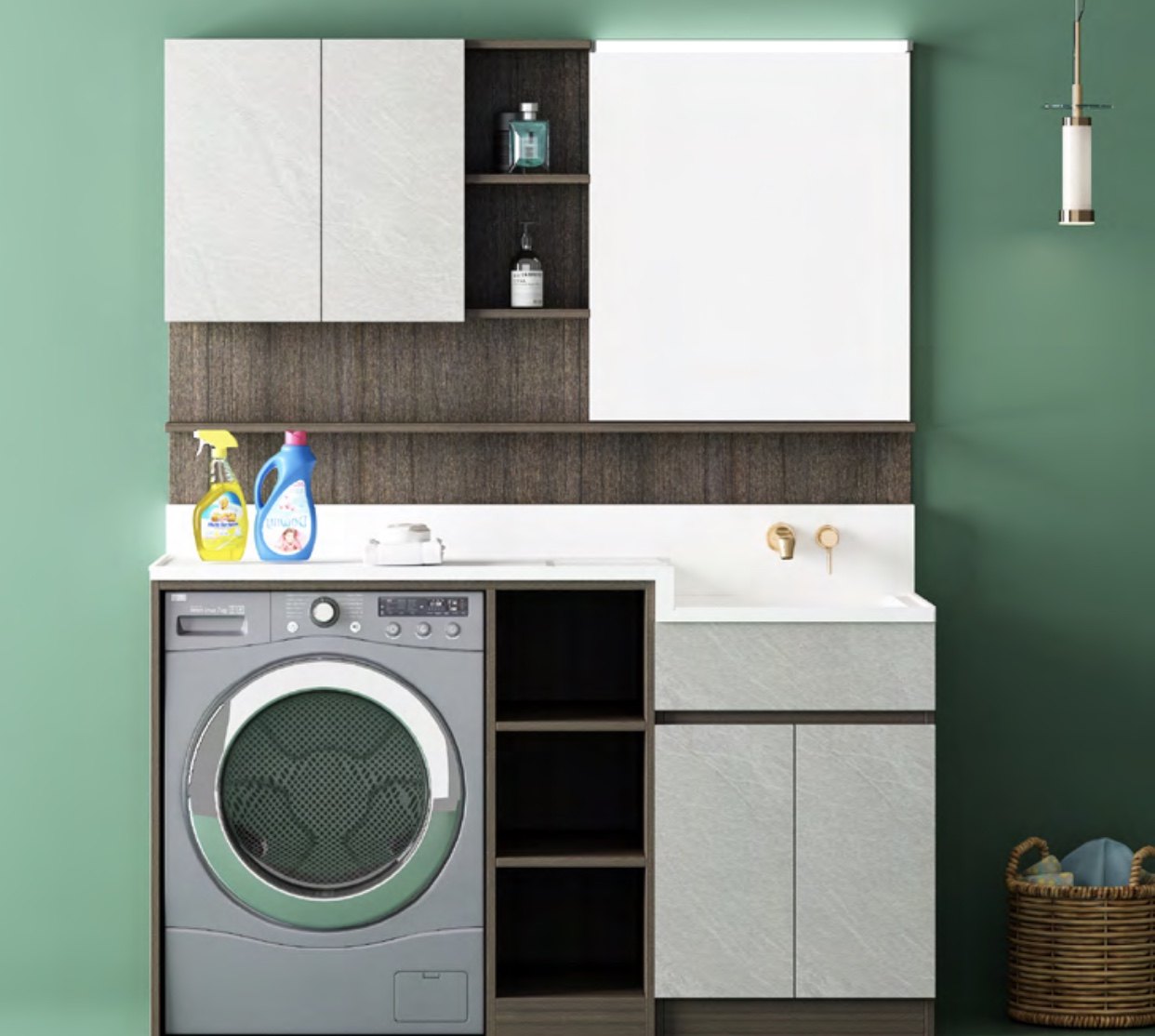 欧风新款玉晶石高端洗脸盆定制超窄一体盆卫浴柜带拖衣板洗漱台