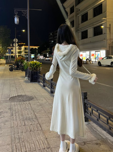 2023秋冬新款纯欲修身氛围感设计收腰A字长款连帽连衣裙