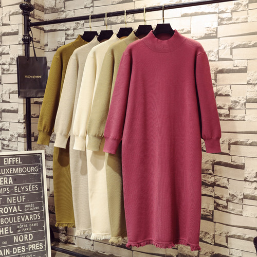 韩版流苏过膝针织连衣裙