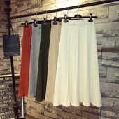 秋冬季 ins加厚针织裙女高腰百褶半身裙中长款 A字长裙毛线大摆裙子