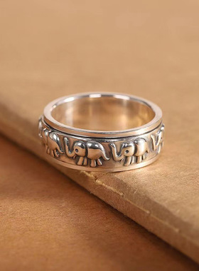 复古泰银吉象如意转动戒指男女士个性做旧民族风小象旋转指环手饰