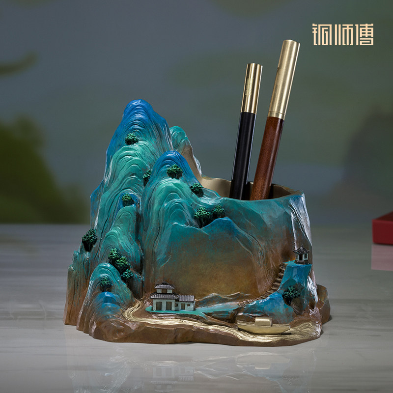 铜师傅《千里江山笔筒》客厅书房铜摆件家居装饰工艺品 老师礼物