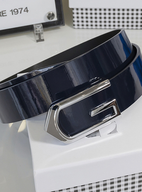 新款男士亮皮腰带深蓝色漆皮韩版真皮带G扣牛皮商务休闲青年裤带