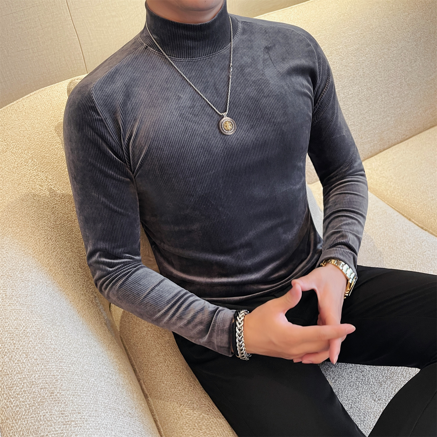 螺纹t恤男长袖秋季半高领打底衫灯芯绒内搭韩版潮流修身弹力条绒
