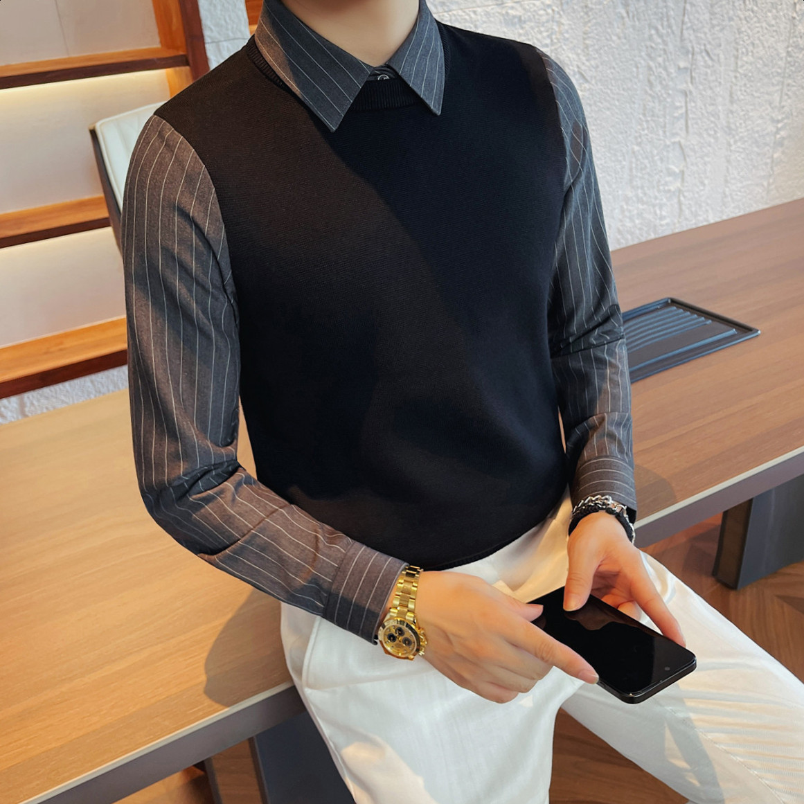 轻奢假两件衬衫领毛衣男针织衫修身条纹拼接带领上衣商务休闲百搭