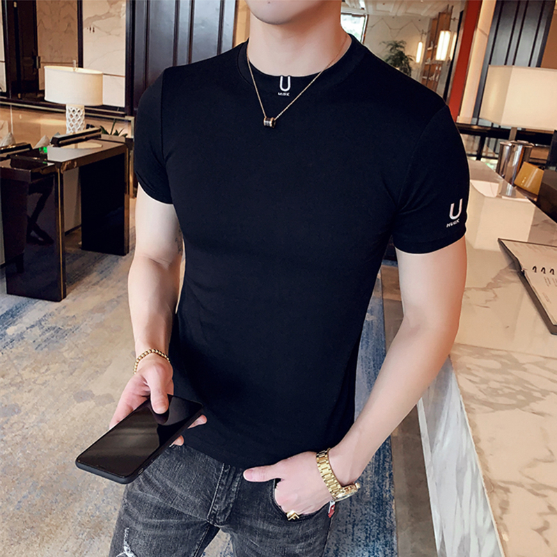 潮男短袖T恤男小领口字母纯棉韩版修身紧贴身半袖中领潮流半高领