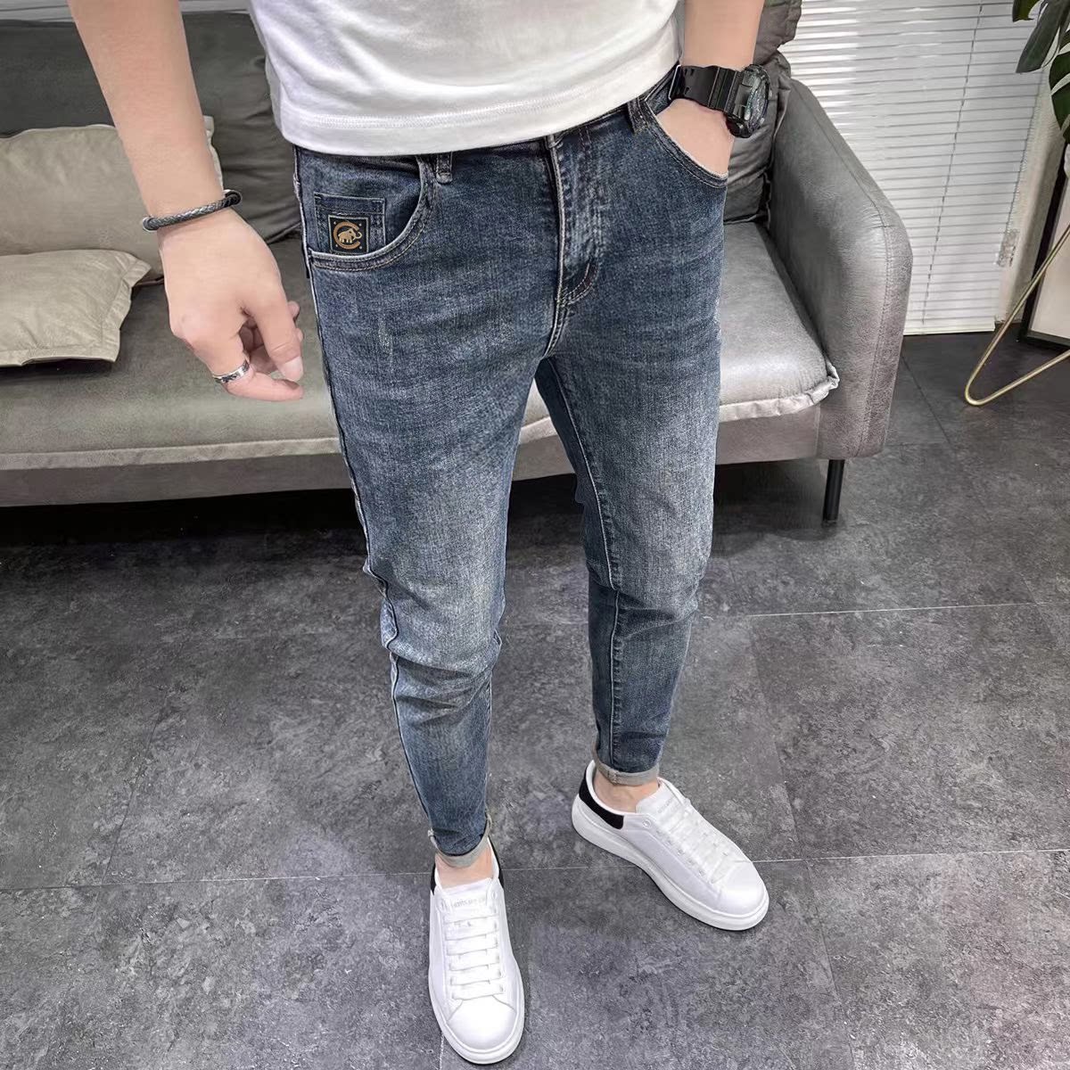 裤子男夏季薄款牛仔裤男九分裤潮流弹力修身小脚韩版百搭灰蓝9分