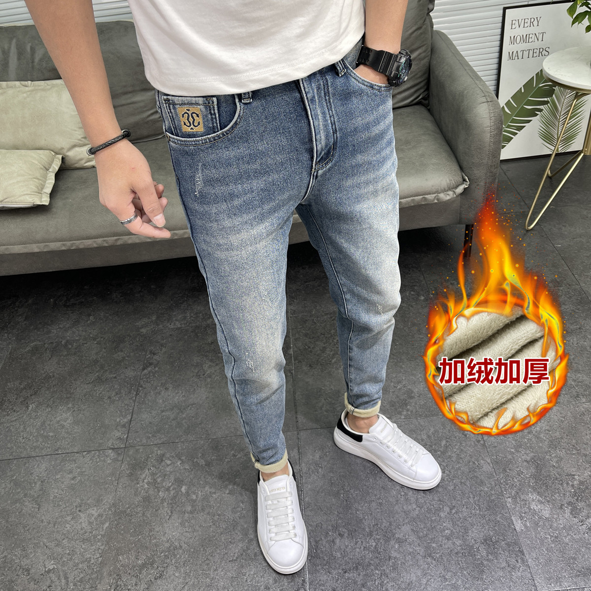 加绒牛仔裤男潮牌九分裤修身冬季加厚保暖冬裤潮流休闲韩版长裤