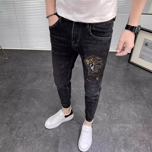 薄款 潮流美杜莎图案修身 小脚裤 潮男个性 长裤 男夏季 韩版 刺绣牛仔裤