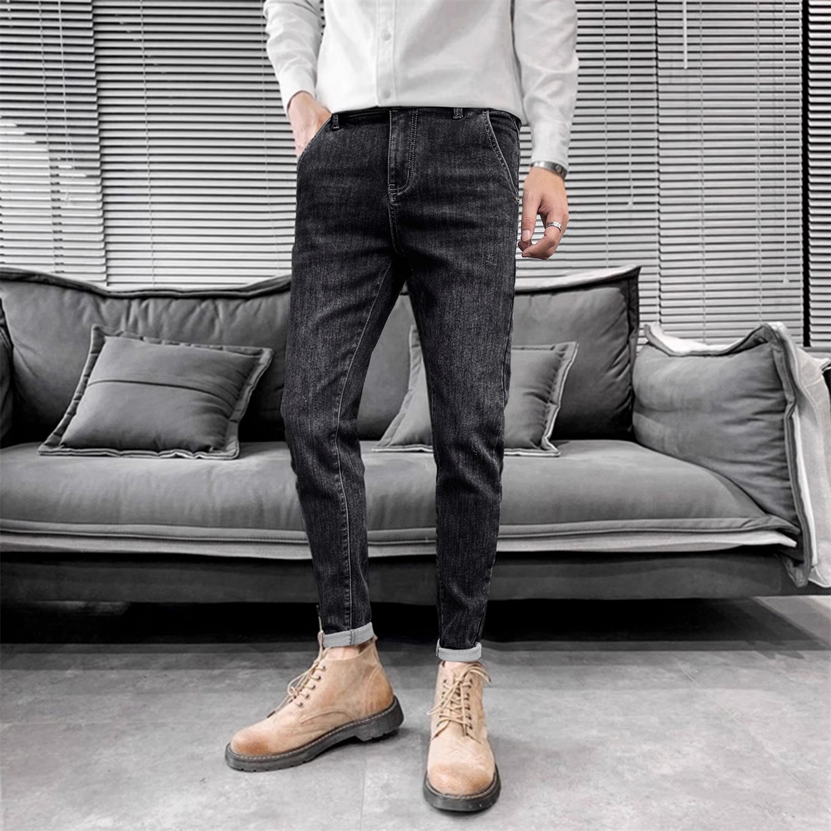 斜插兜牛仔裤男修身九分裤春季潮流修身小脚裤休闲简约百搭男裤子