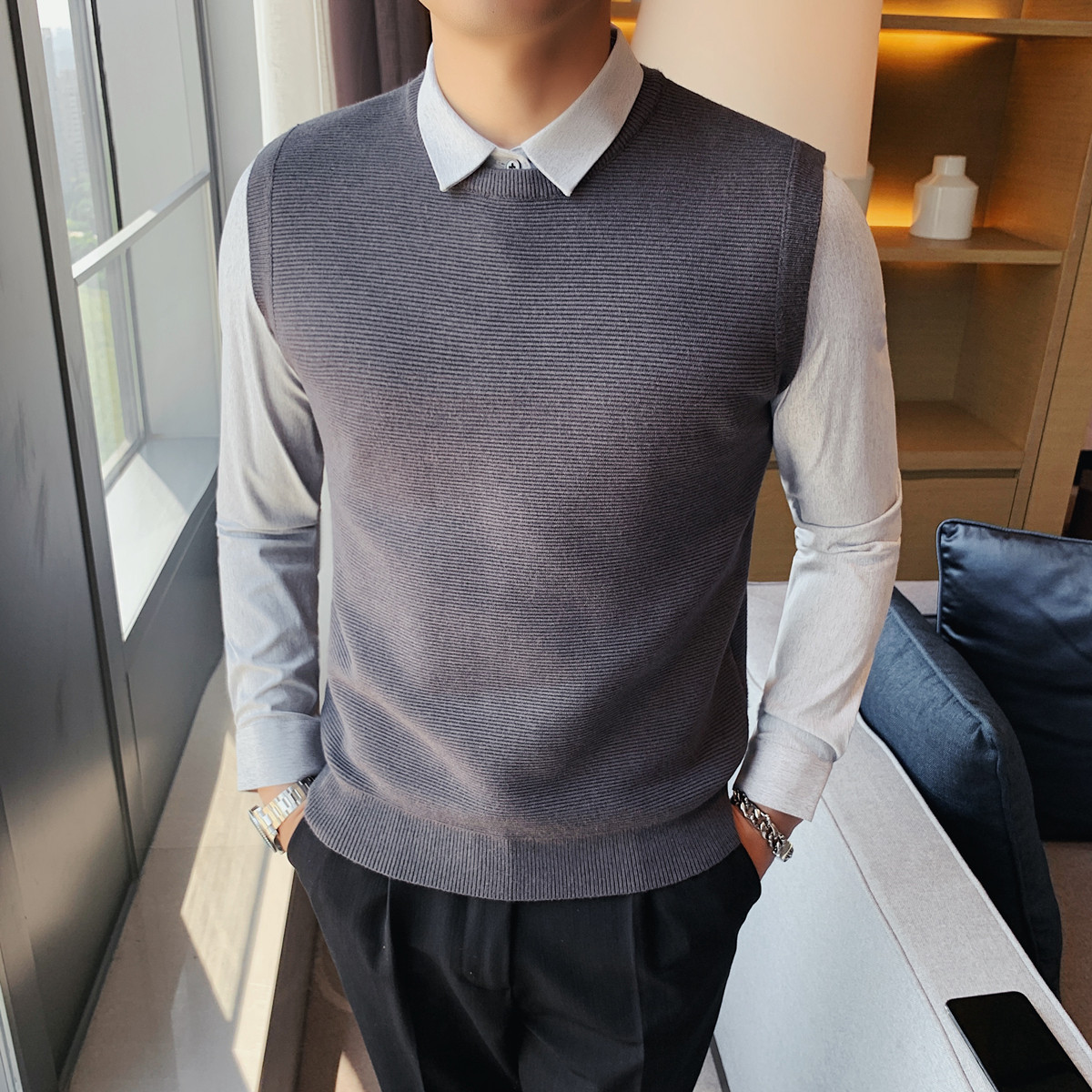 高端毛衣男士衬衫领假两件内搭青年衬衣领潮流修身打底针织衫带领