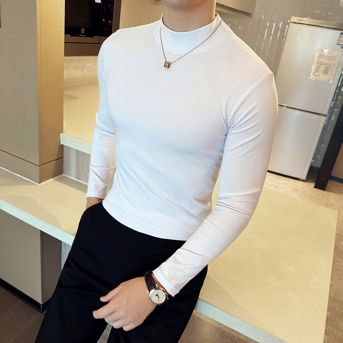 半高领t恤男士长袖韩版潮流紧身弹力内搭中领修身体恤纯色打底衫