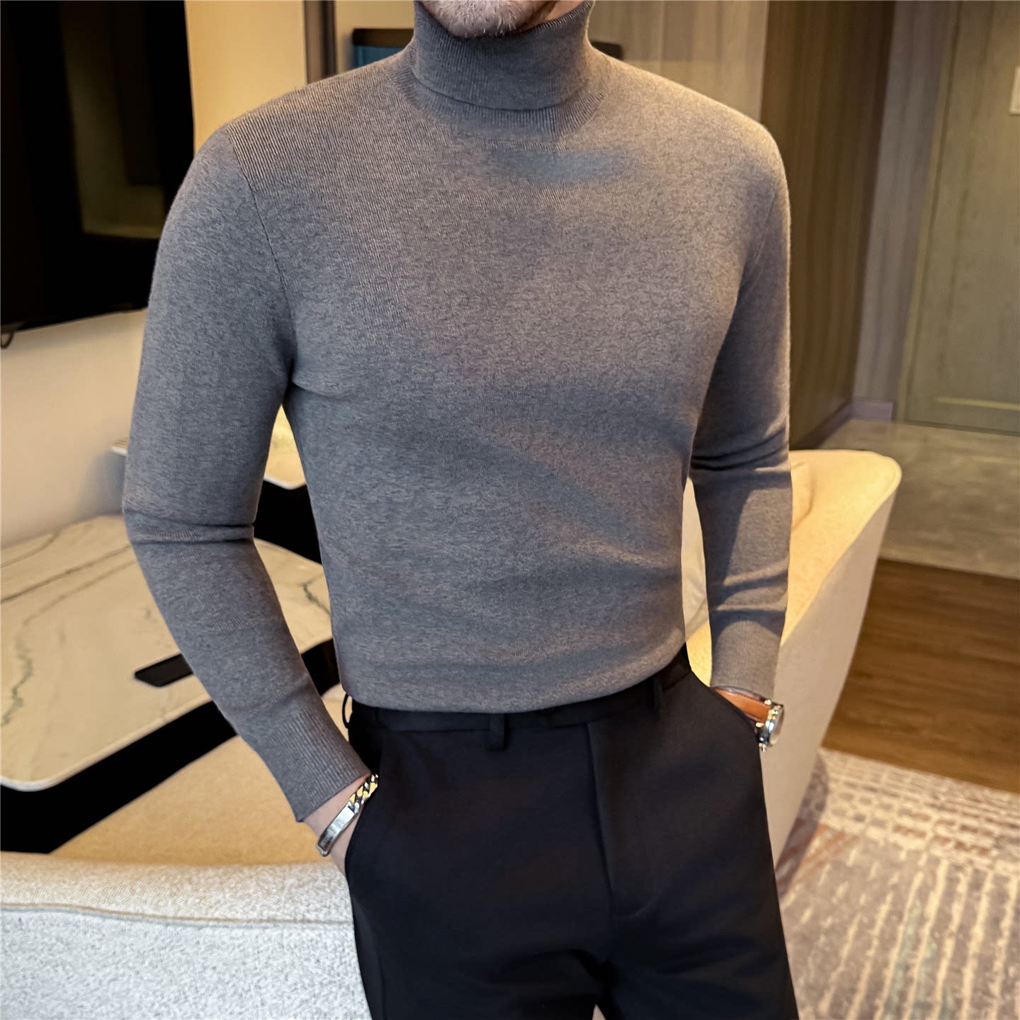 高领毛衣男秋冬季柔软舒适羊毛衫修身百搭韩版针织打底衫灰色长袖