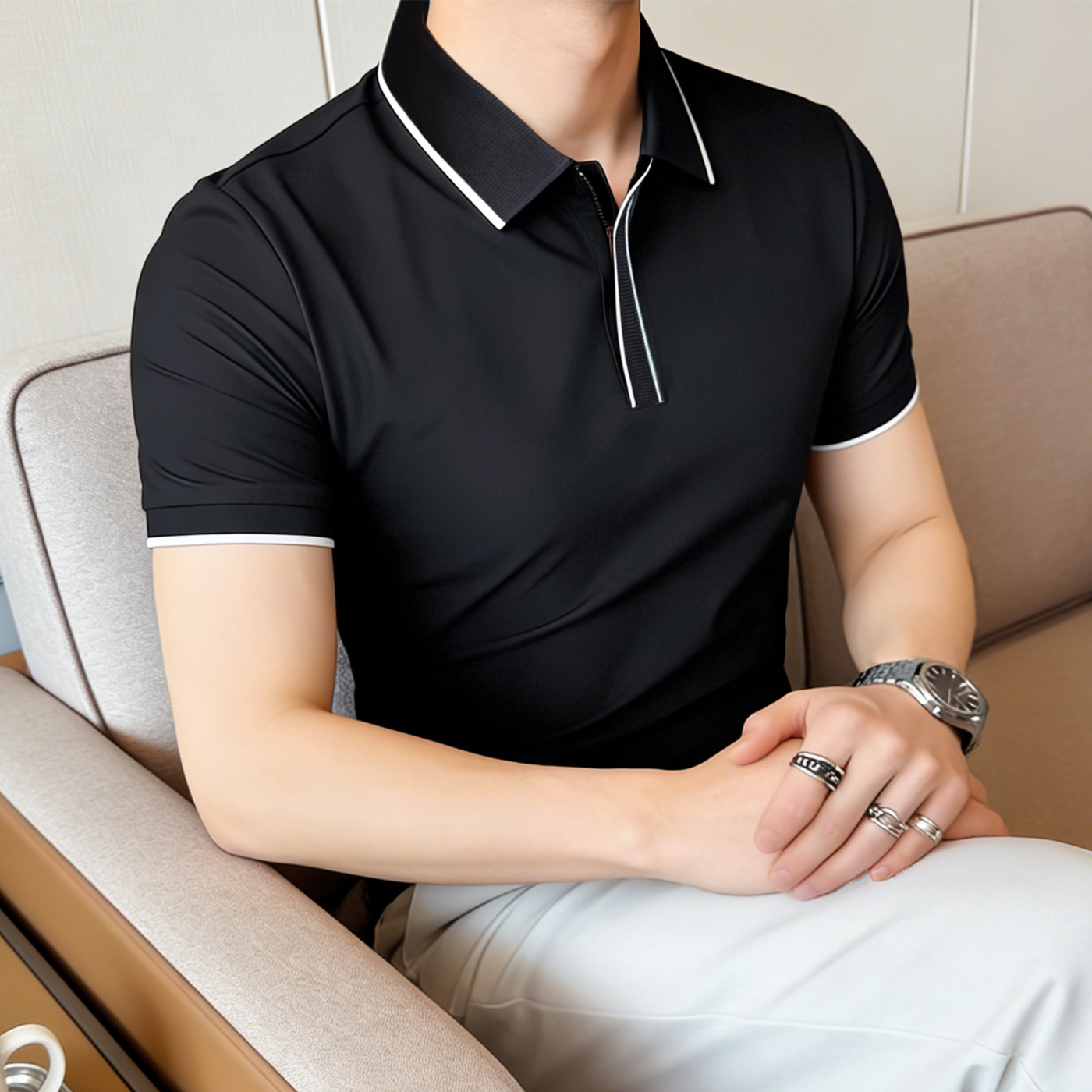 高级感polo衫男短袖潮牌冰丝薄款翻领t恤潮流韩版修身高弹力无痕