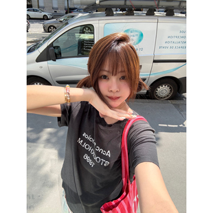 繁花店26年夏上新小众做旧字母亚麻混纺合身短袖T恤DM26030677