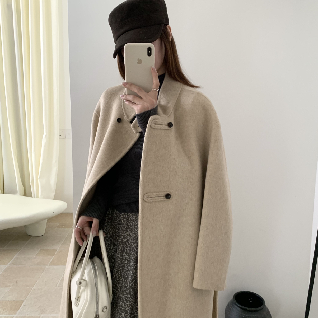 繁花设计很细节显瘦中长款羊毛外套(配腰绳)（含65羊毛）112606W0