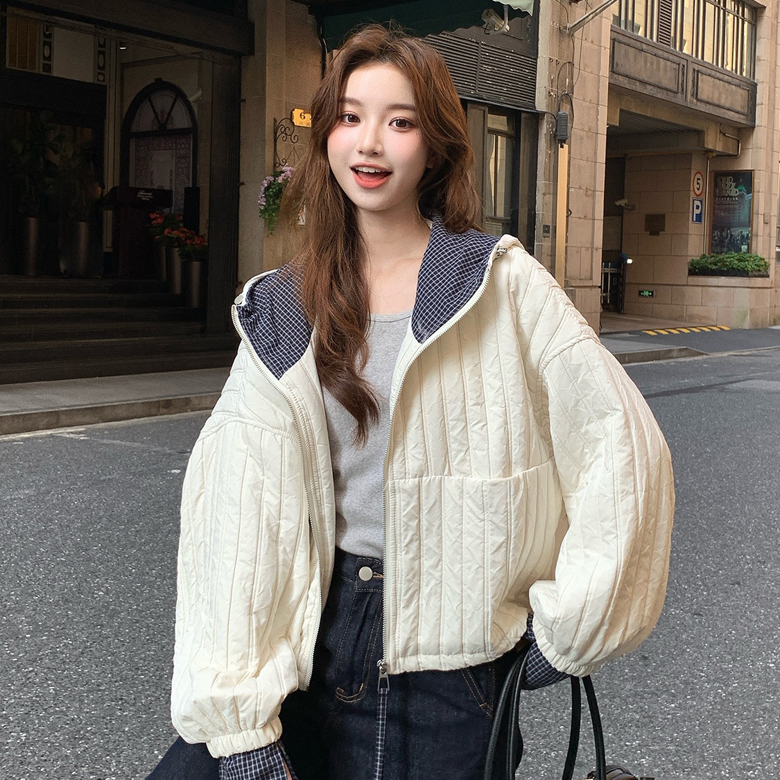 繁花冬上新韩系百搭连帽拉链保暖羽绒服外套7141