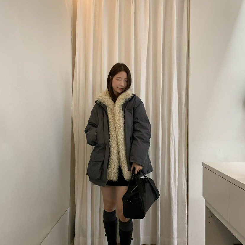 繁花搭毛领暗门襟保暖羽绒服外套(配毛领可拆卸)slurp-83952