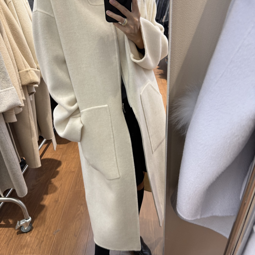 繁花首选简约高级感翻领拉链长款羊毛外套（含90绵羊毛）830-9032