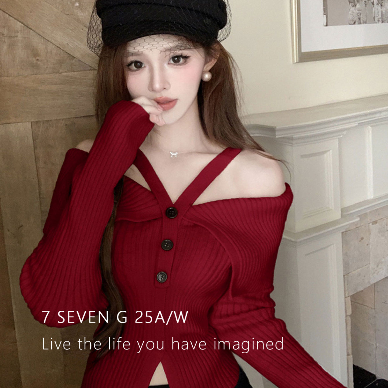 繁花上衣挂脖一字肩性感时尚圣诞新年红色针织衫DF3M01180