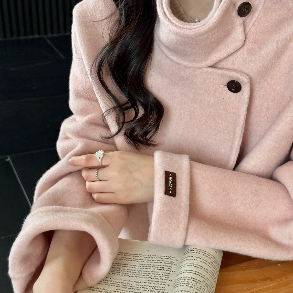 繁花女竖高领中长款爆款双面羊绒大衣羊毛外套（含100羊毛）82527