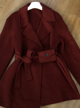 繁花款翻领搭配包包腰绳羊毛外套(配腰包)（含100澳毛）85708