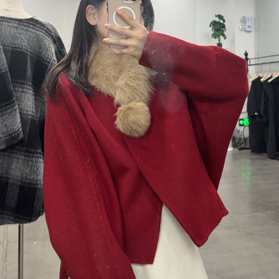 繁花小众呢羊毛外套(配可拆卸真狐狸毛毛领)(含100羊毛)ZH916