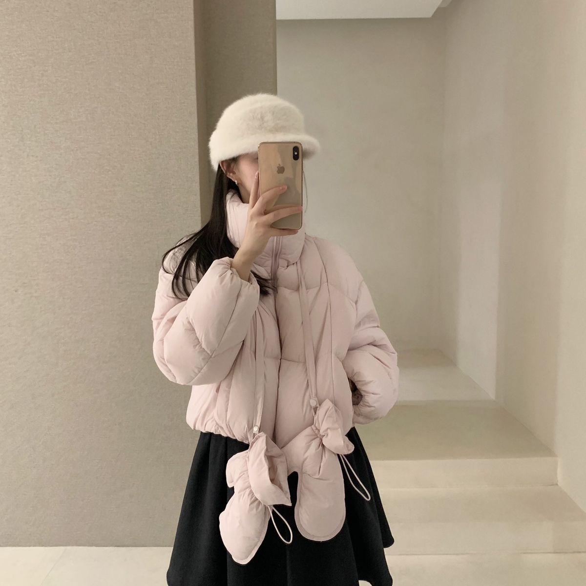 繁花暖羽绒服外套配羽绒挂脖手套配挂脖羽绒手套PSY9105