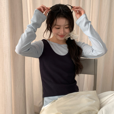 繁花小众叠穿上衣打底衫+叠穿背心两件套套装CC0706