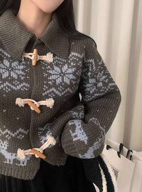 繁花冬新款新北欧风加厚保暖牛角扣雪花针织开衫女毛衣毛衣88802
