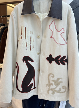 繁花趣味贴布绣夹克拼接皮领保暖羽绒服外套861072