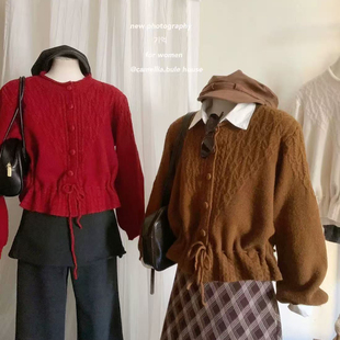 繁花早春新款韩版复古麻花纹下摆系带收腰显瘦软糯保暖毛衣n066