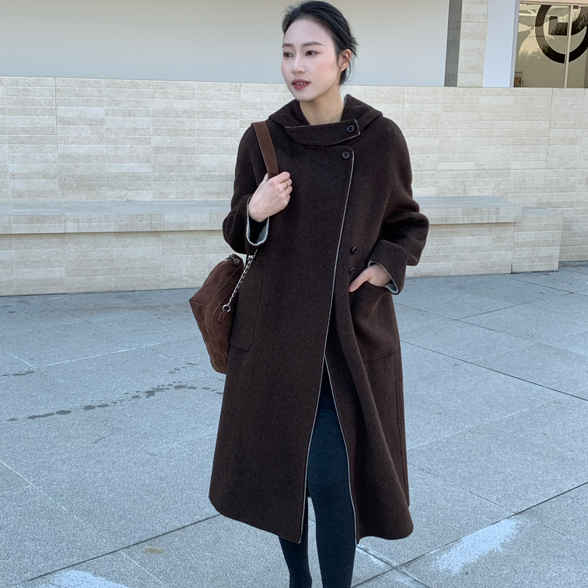 繁花冬上新经典连帽宽松时尚长款气质羊毛外套（含90澳毛）85