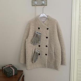 773 繁花韩系V领双排扣宽松休闲羊毛外套 含100羊毛