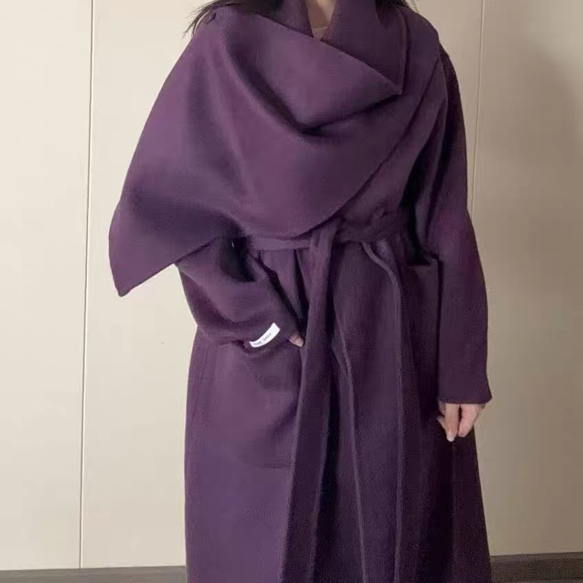 繁花小众大围巾中长款毛呢羊毛外套(配腰带)（含100澳毛）ZH11