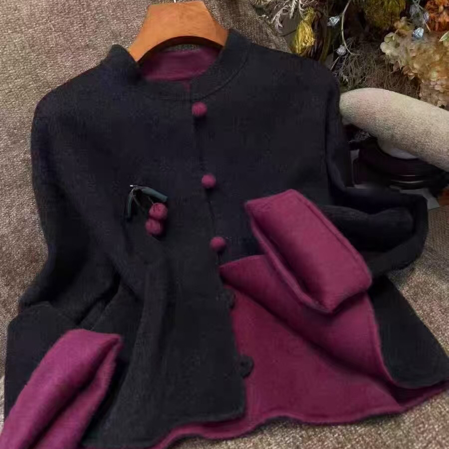 繁花中式百搭立领单排扣羊毛外套(配胸针)（含100羊毛）1245-1