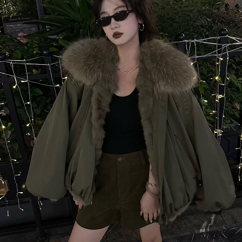 繁花家冬上新复古风毛领宽松百搭保暖皮草外套（含100兔毛）25601