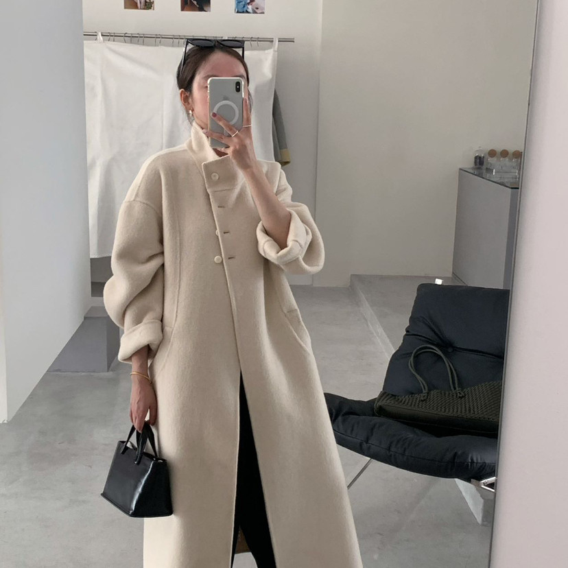 繁花冬上新立领纯色气质大衣(配腰带)1555