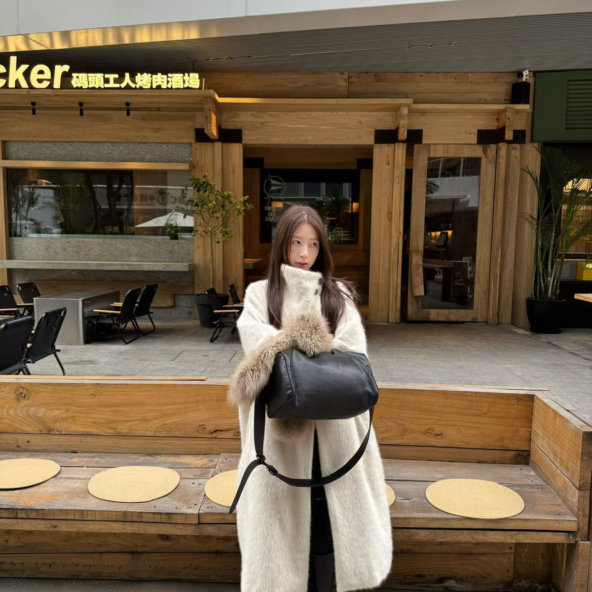 繁花简约高级感立领宽松长款毛呢大衣（含23兔毛）slurp-6021