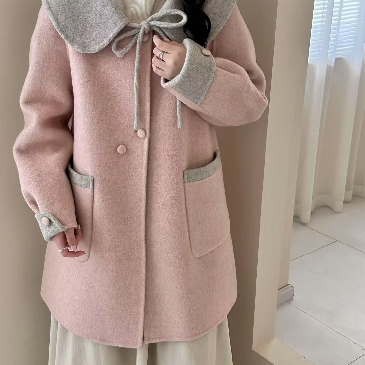 繁花小众毛呢绒大衣女冬季宽松双面羊毛外套（含100澳毛）RMR91