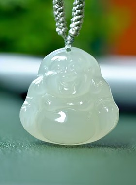 精品和田玉青海料笑口常开佛吊坠