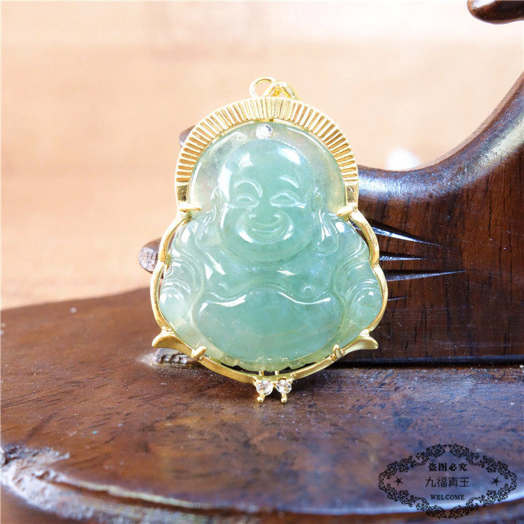 原创黄金吊坠观音A货翡翠 镀金包玉男士小孩 女士金镶玉佛送链子