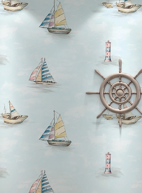 地中海蓝色3D帆船卡通墙纸 卧室男孩儿童房 现代简约主题壁纸