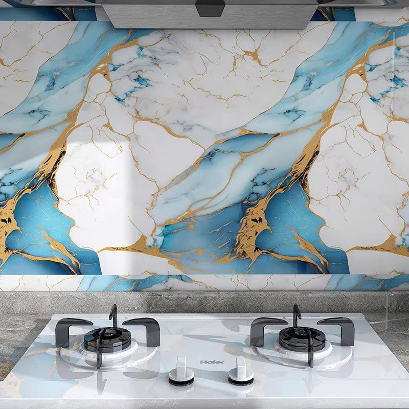 鎏金蓝色绿色壁纸仿大理石自粘墙纸客厅餐厅厨房橱柜防水防油贴纸