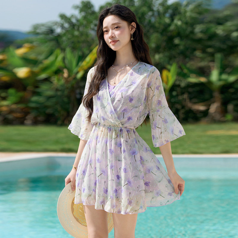 分体泳衣女遮肉保守裤裙大码2025新款高级感绝美紫色泡温泉游泳装