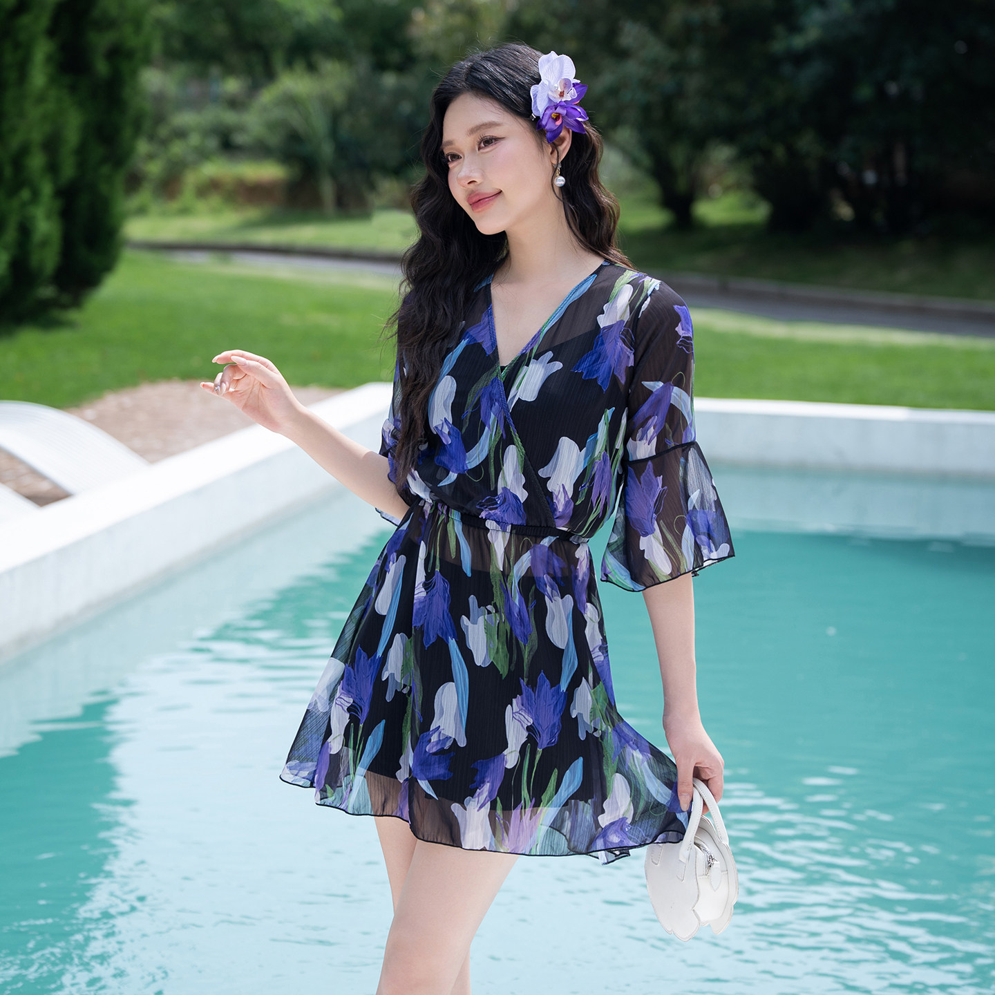 泳衣女三件套遮肚防晒雪纺罩衫性感聚拢吊带保守裤裙度假风泡温泉