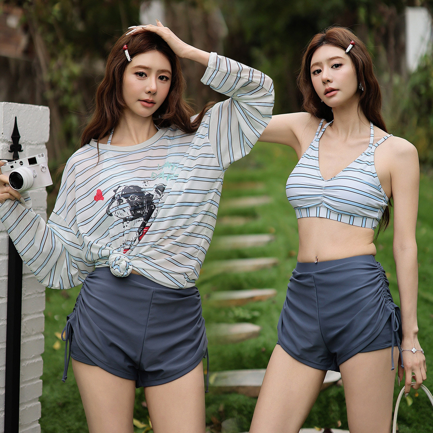 绝美条纹泳衣女款分体三件套长袖罩衫宽松保守平角裤甜美少女温泉