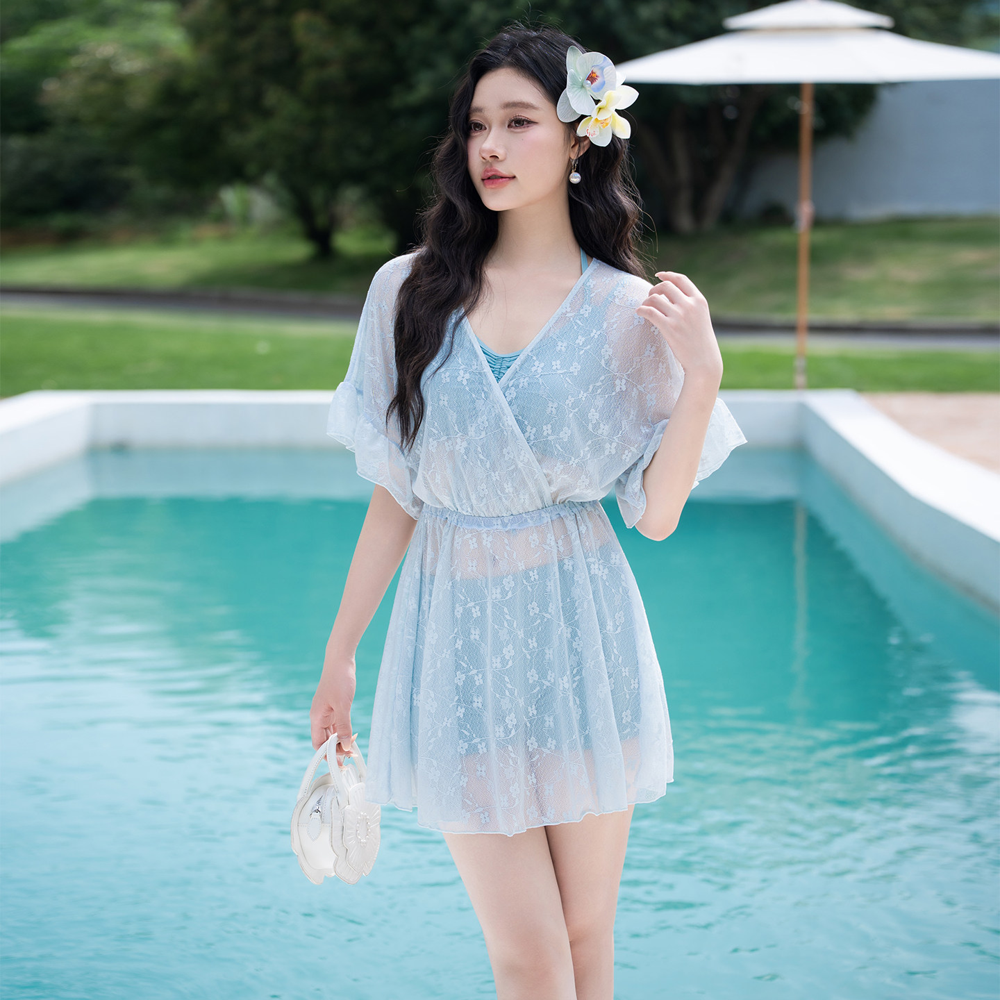 泳衣女款成人分体三件套保守平角宽松蕾丝罩衫遮肉短袖绝美泡温泉