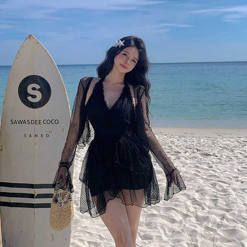 游泳衣女连体裙式罩衫黑色显瘦聚拢绝美性感微透修身遮肉温泉泳装