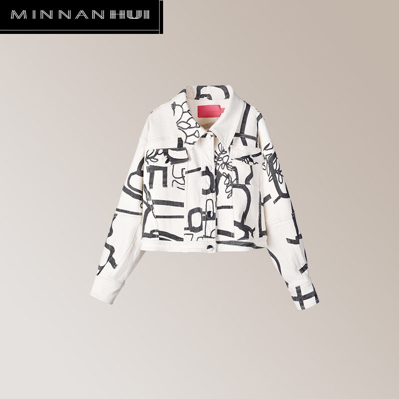 【MINNANHUI】惠敏楠 原创设计黑白手绘印花宽松复古风牛仔外套